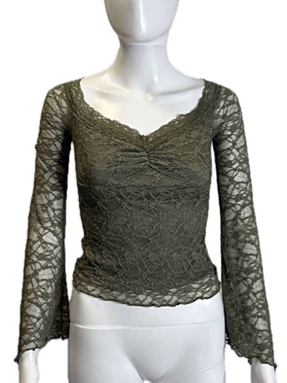 Stitch & Pine All over Lace Bell Sleeve Top Size XS Olive Sweetheart Neck Y2K